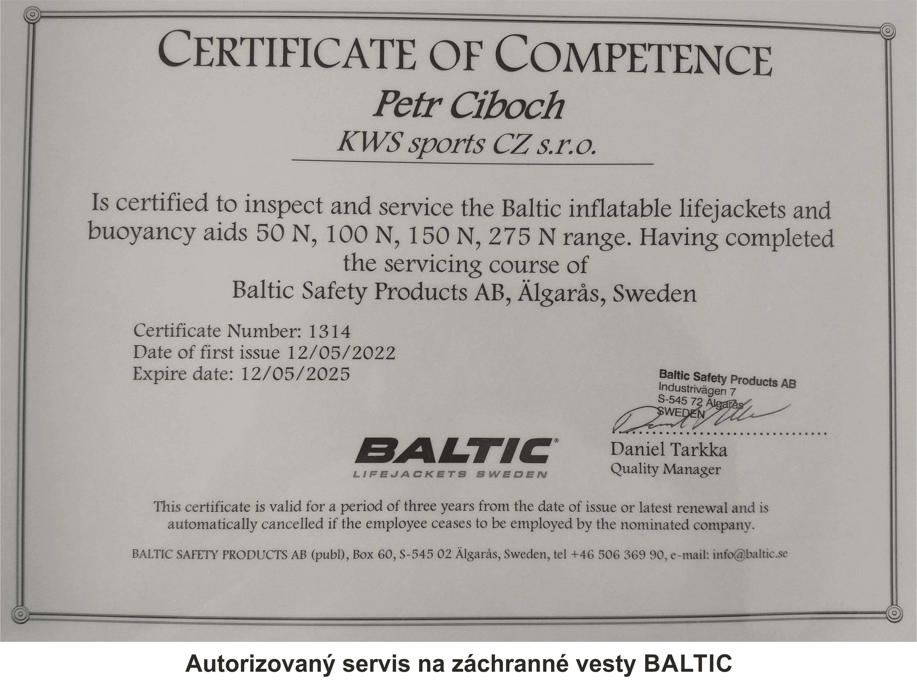 Autorizovaný servis záchranné vesty BALTIC